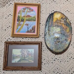 Set of 3 Vintage Hand Painted Landscape Art Wood Slice Framed Gallery Wall Mix